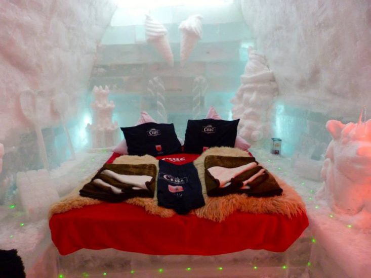 Ice bed in the ice hotel in Romania