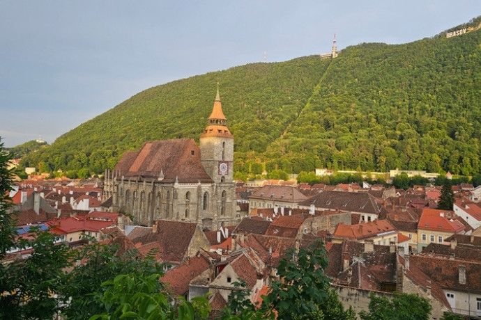 Brasov old town and Black Church beneath Mount Tampa, Romania
