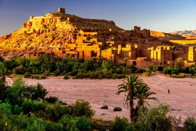 Golden-hour glow on the ancient kasbah of Ait Benhaddou in Morocco