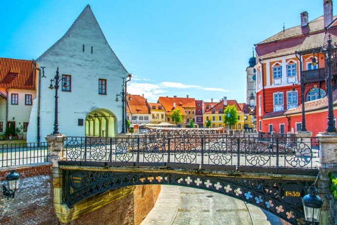 The colourful Bridge of Lies and old town of Sibiu in Transylvania